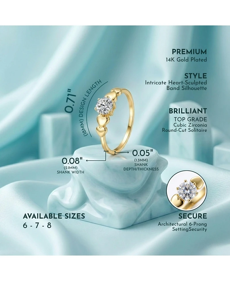 Rachel Glauber 14K Gold Plated with Clear Cubic Zirconia Heart Design Solitaire Ring