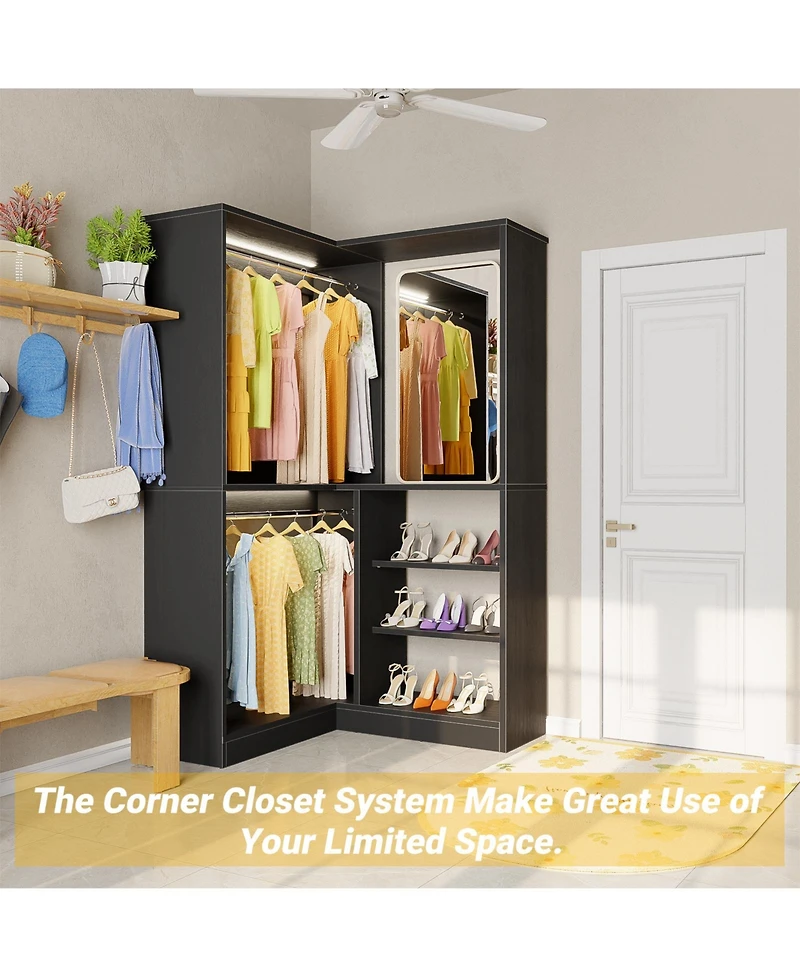 Aheaplus Corner Closet Organizer System, 36'' Wide Freestanding Storage Unit with 2 Hanging Rods and 8 Shelves