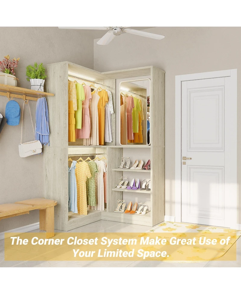 Aheaplus Corner Closet Organizer System, 36'' Wide Freestanding Storage Unit with 2 Hanging Rods and 8 Shelves