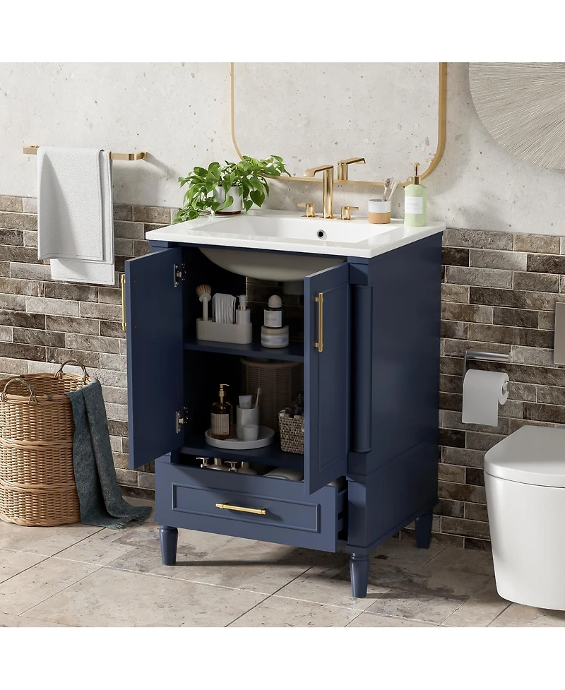 Sillysis 24 Inch Bathroom Vanity with Sink, Modern French Leg Cabinet, Adjustable Shelf and Soft Close Drawer for Small