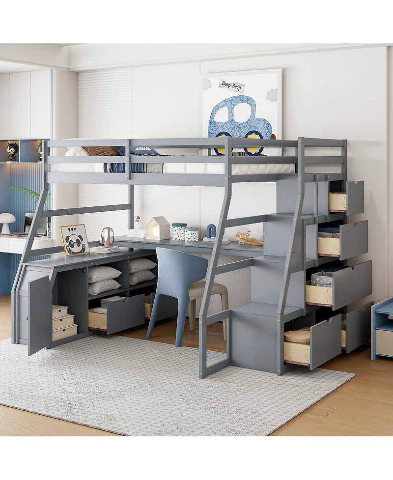 Streamdale Furniture Full Size Loft Bed with 7 Drawers 2 Shelves and Desk