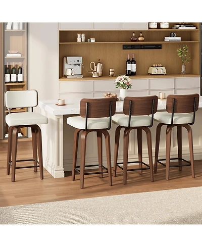 homfan Swivel Bar Stools Set of 4, Upholstered Counter Height with Back and Walnut Wood Legs, Mid Century Stools for Kitchen Counter, Faux Leather