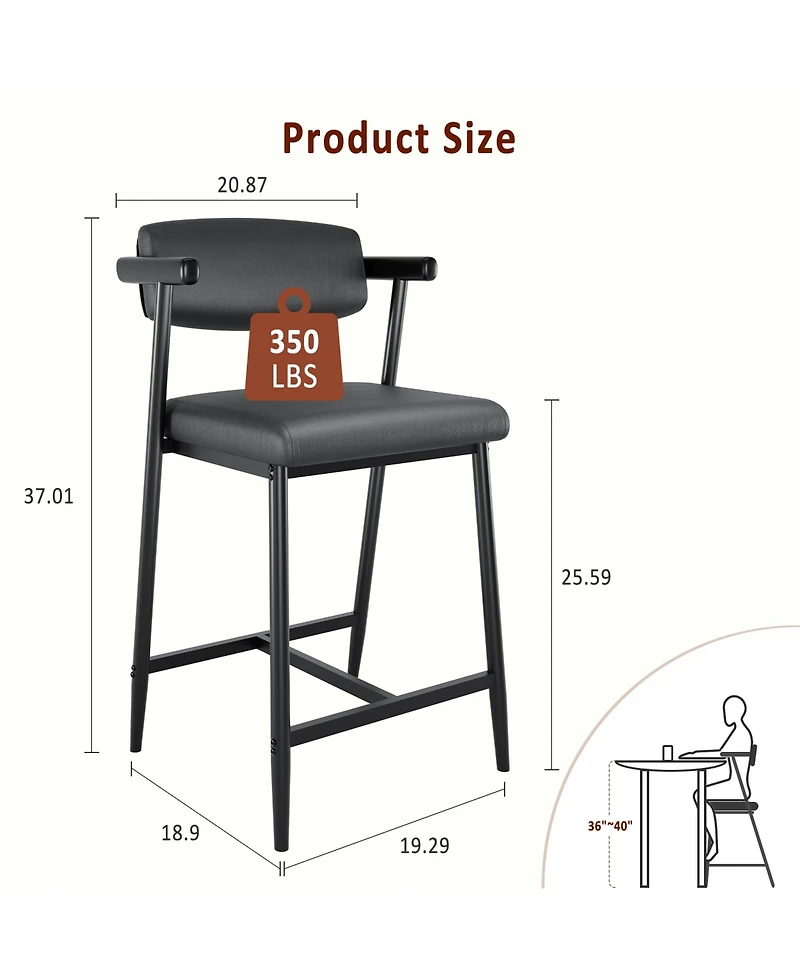 homfan Modern Counter Height Bar Stools with Armrests and Backrest, Metal Frame Footrest for Kitchen Island, Dining Room