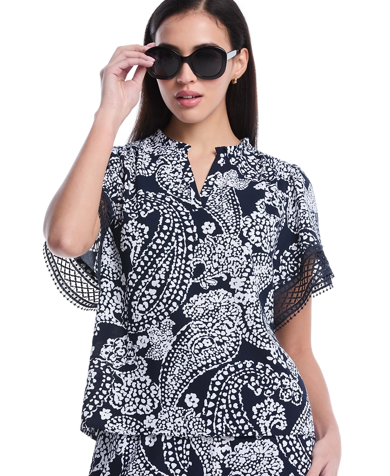 Rafaella Women's Petite Paisley Print Flutter Lace Short Sleeve Blouse