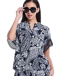 Rafaella Women's Petite Paisley Print Flutter Lace Short Sleeve Blouse