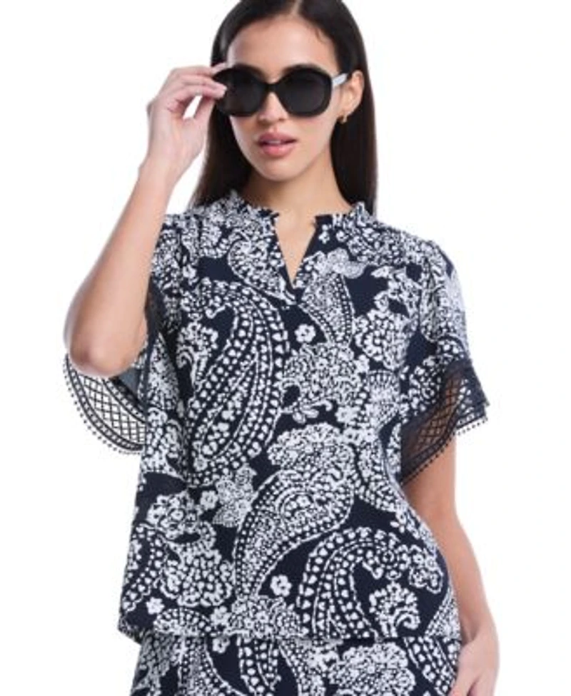 Rafaella Petite Paisley Print Flutter Lace Short Sleeve Blouse Crochet Trim Pants
