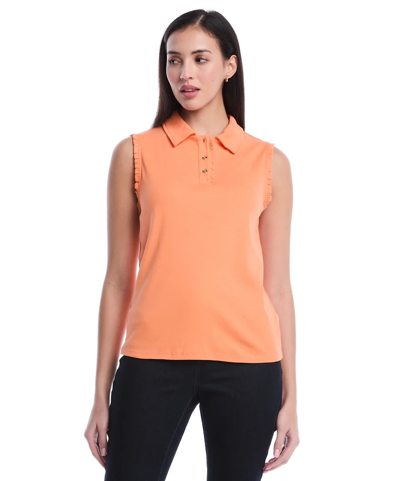 Rafaella Women's Petite Ruffle Trim Sleeveless Polo Shirt
