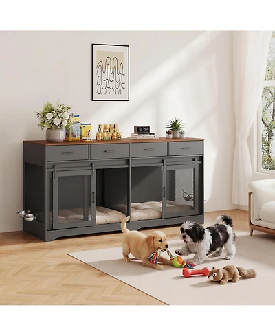 gaomon Dog Crate Furniture, Kennel Indoor with 4 Sliding Doors and Drawers, Multi-Functional for Medium Large Dogs Living Room