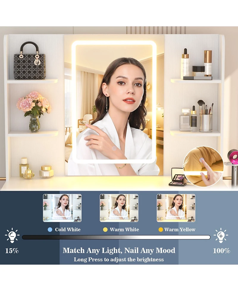 Aheaplus Vanity Desk with Mirror, Farmhouse Rgb Lights and 3 Drawers
