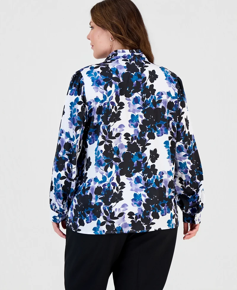Kasper Plus Printed V-Neck Blouson-Sleeve Blouse