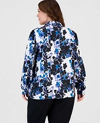 Kasper Plus Printed V-Neck Blouson-Sleeve Blouse