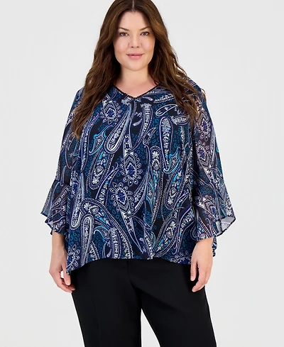 Kasper Plus V-Neck Ruffle-Sleeve Blouse