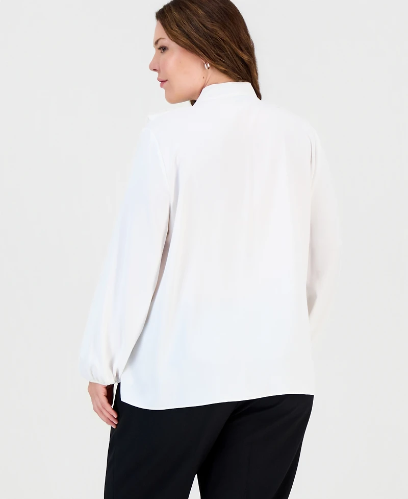 Kasper Plus Long-Sleeve Split-Neckline Ruffle Blouse