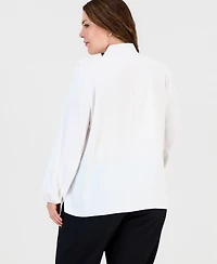 Kasper Plus Long-Sleeve Split-Neckline Ruffle Blouse