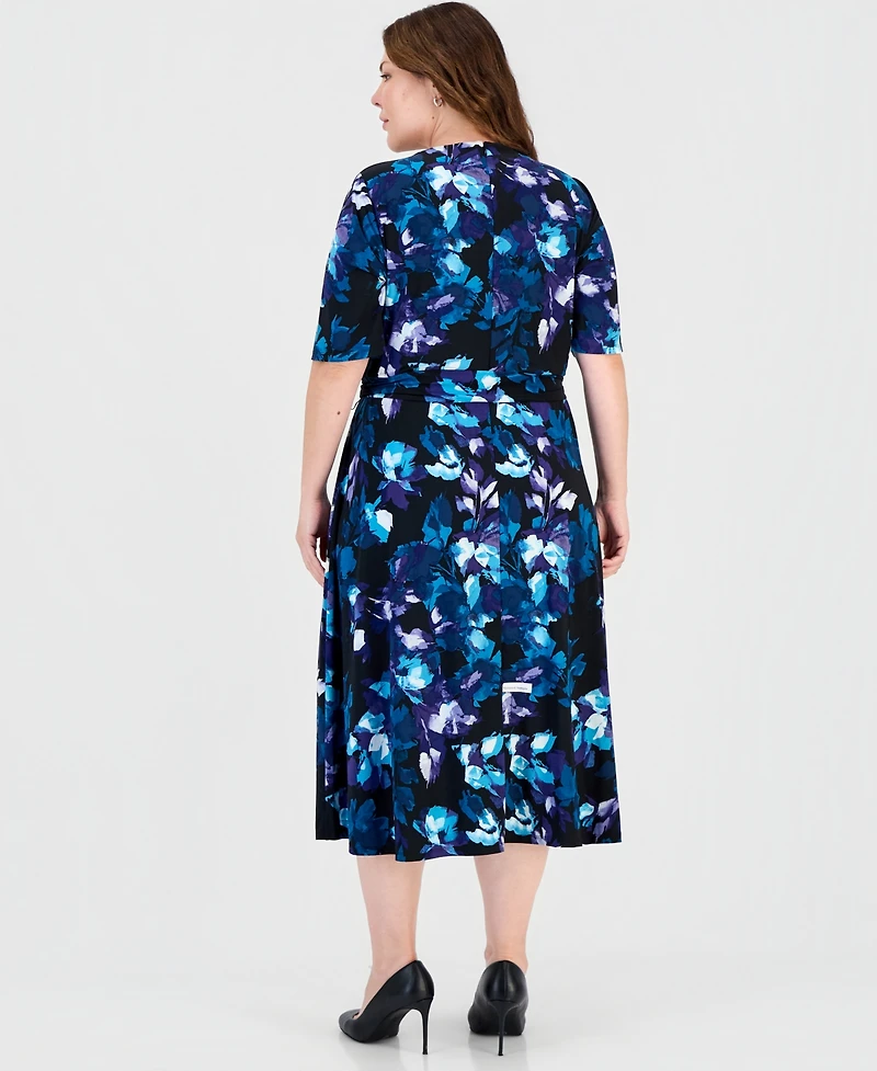 Kasper Plus Size Floral Fit & Flare Faux-Wrap Midi Dress