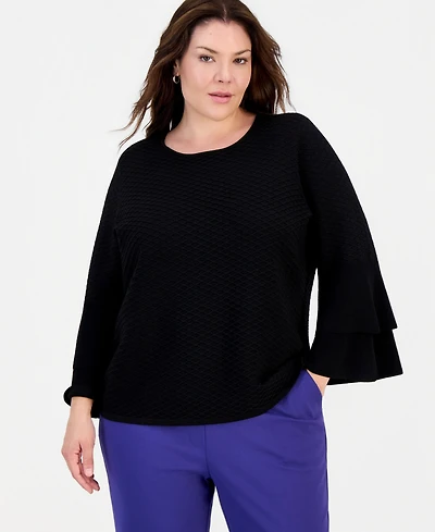 Kasper Plus Textured Bell-Sleeve Top