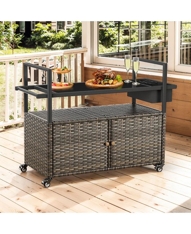 Pocassy Patio Bar Table,Outdoor Kitchen Island with Glass Top,Rattan Patio Storage Cabinet with Wheels,Bar Cart for Poolside and Backyard