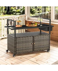 Pocassy Patio Bar Table,Outdoor Kitchen Island with Glass Top,Rattan Patio Storage Cabinet with Wheels,Bar Cart for Poolside and Backyard