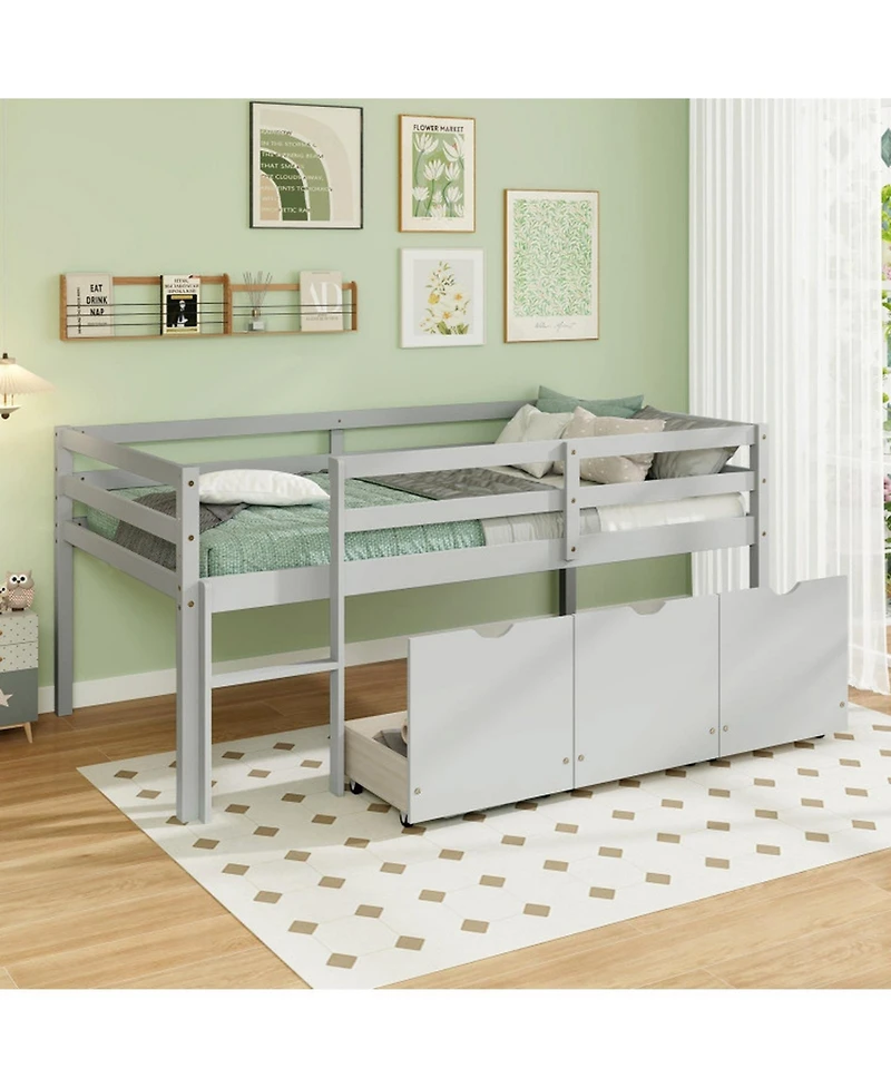 Gouun Low Loft Bed with 3 Storage Drawers, Integrated Ladder and Guardrails