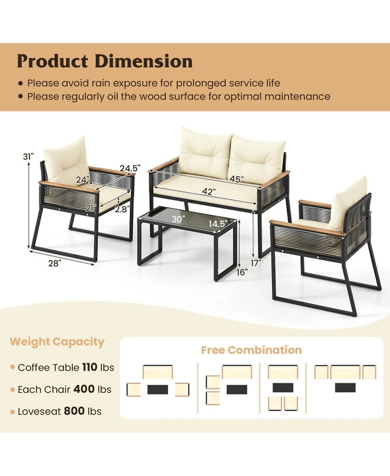 Gouun 4-Piece Outdoor Pe Rattan Patio Conversation Set with Acacia Wood Armrests and Glass Coffee Table