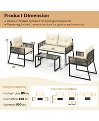 Gouun 4-Piece Outdoor Pe Rattan Patio Conversation Set with Acacia Wood Armrests and Glass Coffee Table