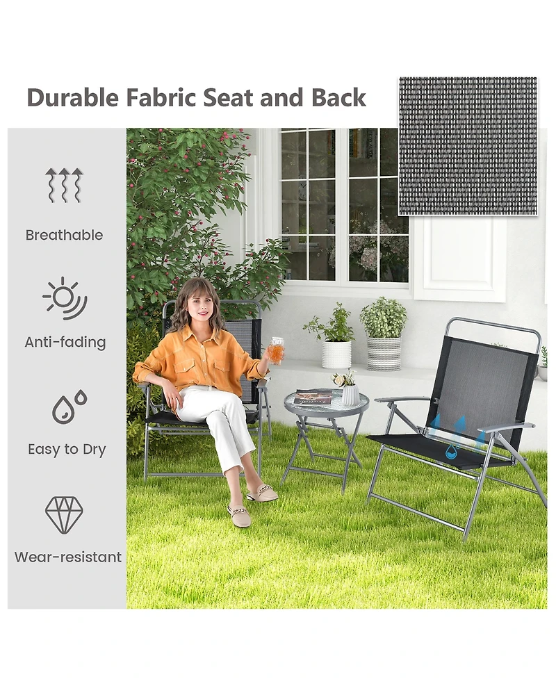 Gymax 3 Piece Patio Folding Chair Set with Coffee Table and Extra-Large Seat Porch Backyard Poolside