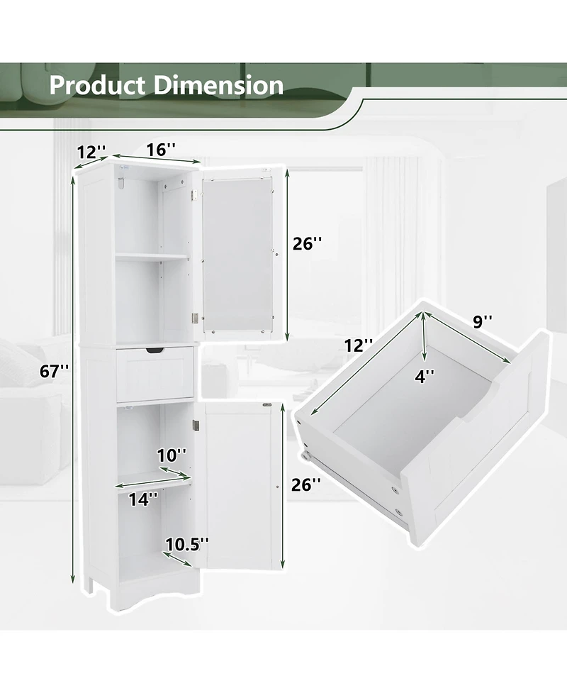 sumyeg Tall Bathroom Floor Storage Cabinet with 2 Doors and 1 Drawer
