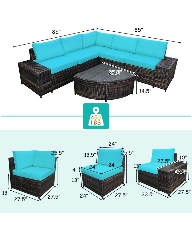 Gouun 6 Piece Outdoor Wicker Sectional Sofa Set with Tempered Glass Coffee Table