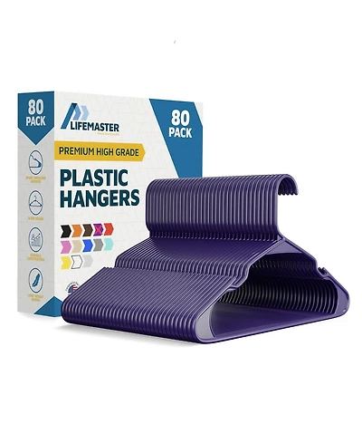 Lifemaster heavy-duty plastic hangers with non-slip grooves, space-saving design, and 5 lb capacity ideal for clothes, dresses. Pack of 80