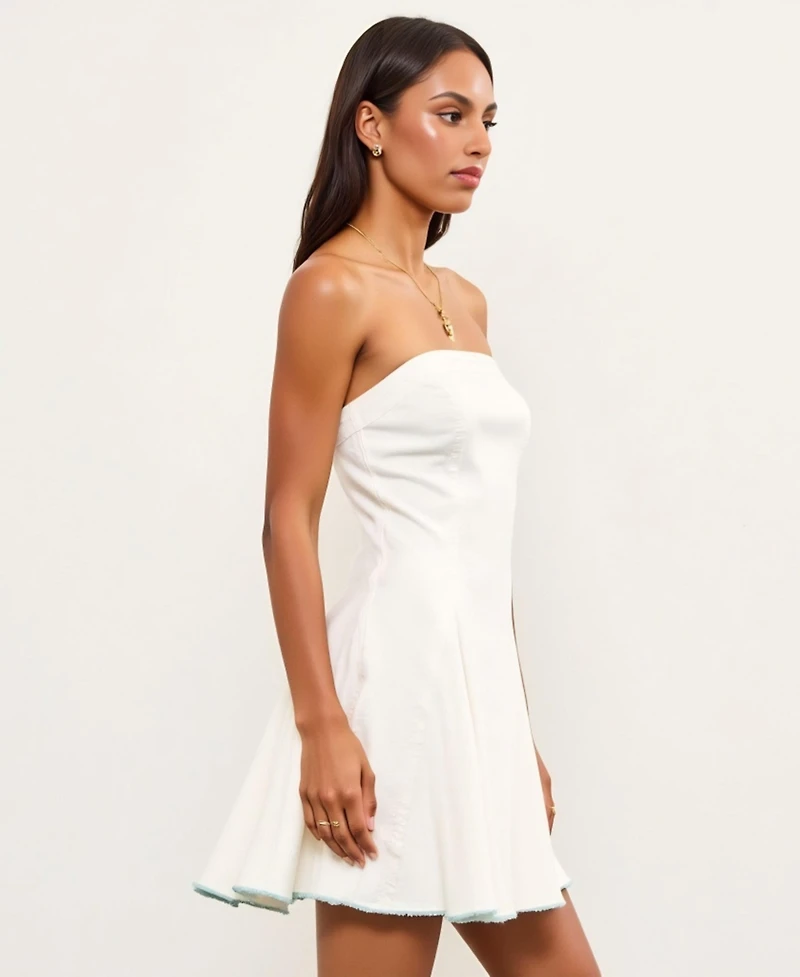 Modenaire Women's Strapless Fit-and-Flare Raw-Hem Denim Mini Dress