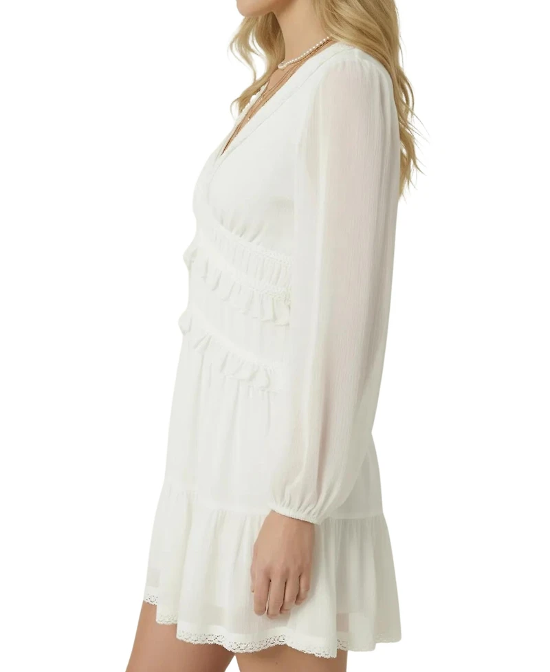 Modenaire Women's Genevieve Chiffon Ruffle V-Neck Long Sleeve Mini Dress