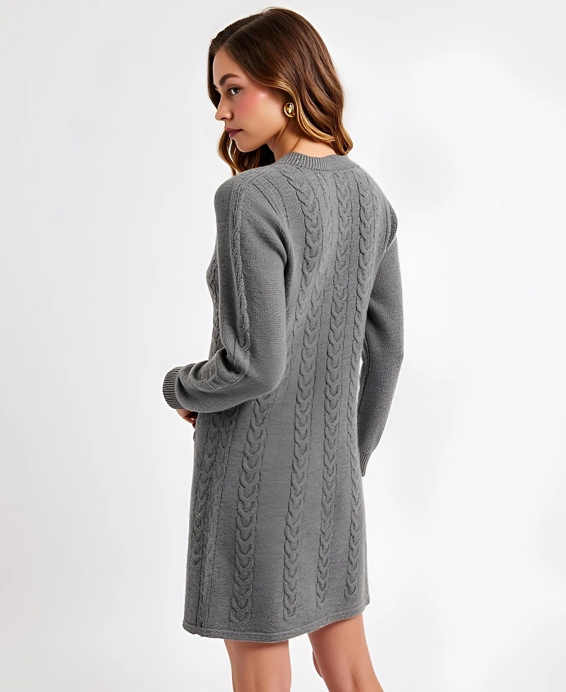 Modenaire Women's Cable Knit V-Neck Long Sleeve Sweater Dress