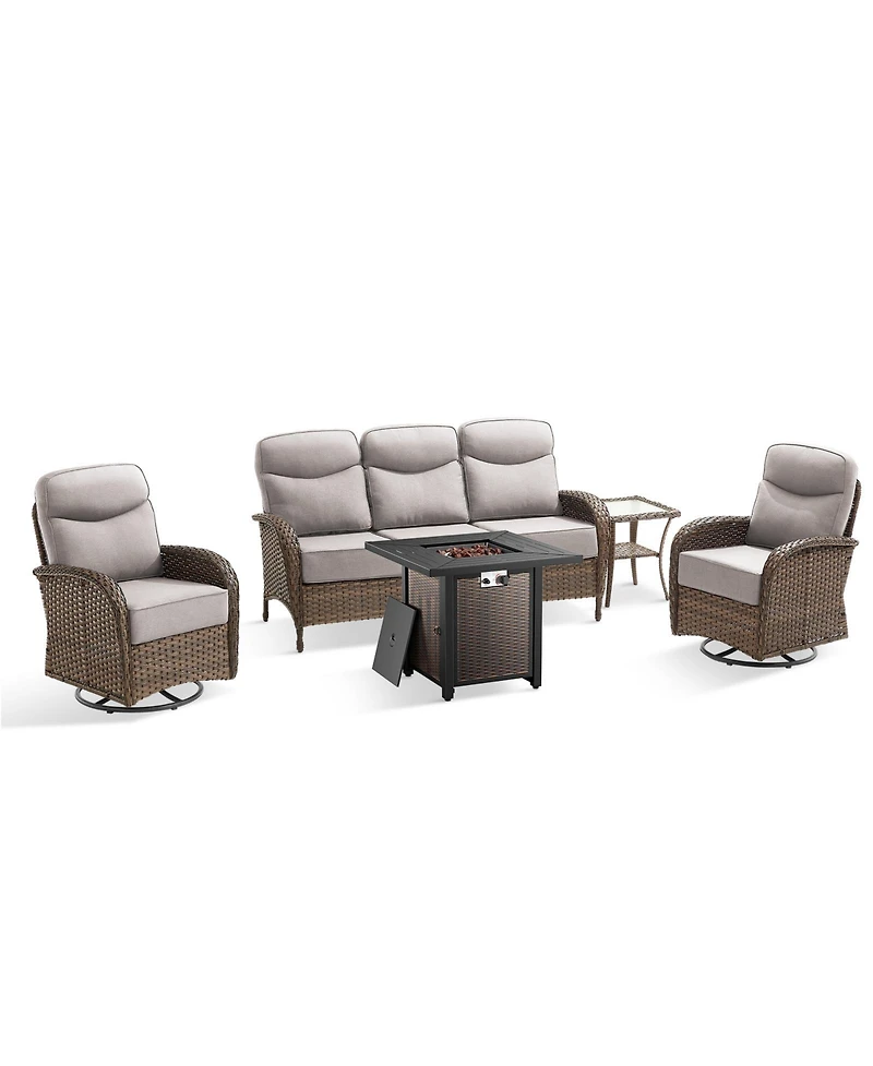 Pocassy 5-Piece Patio Furniture Set with Fire Pit,Wicker Outdoor Swivel Rocker Chairs Sofa for Backyard,Poolside,Deck