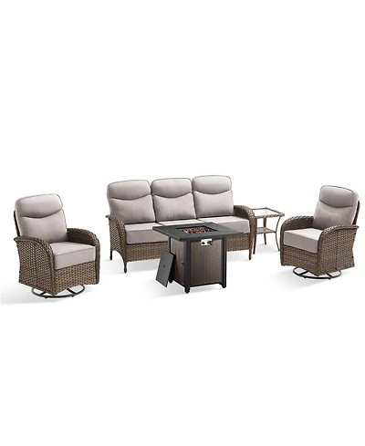 Pocassy 5-Piece Patio Furniture Set with Fire Pit,Wicker Outdoor Swivel Rocker Chairs Sofa for Backyard,Poolside,Deck