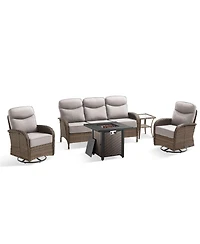 Pocassy 5-Piece Patio Furniture Set with Fire Pit,Wicker Outdoor Swivel Rocker Chairs Sofa for Backyard,Poolside,Deck
