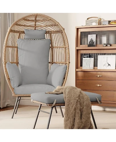 Xo Oversize Egg Shaped Lounger, Egg Chair for Indoor Outdoor Patio Porch Backyard with Ottoman, Grey
