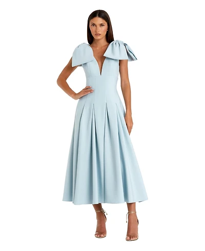 Mac Duggal Women's Crepe A Line Midi Dress with Bow Straps