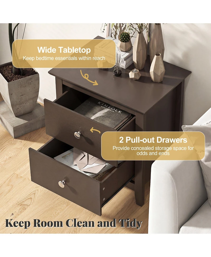 Gymax Modern Nightstand with Storage 2 Drawers and Support Legs for Bedroom