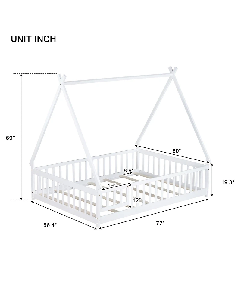 Clihome Full Size Rubber Wood Tent-shaped Floor Bed,with Guardrails,Slats and Door