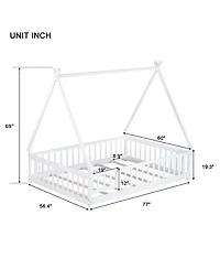 Clihome Full Size Rubber Wood Tent-shaped Floor Bed,with Guardrails,Slats and Door