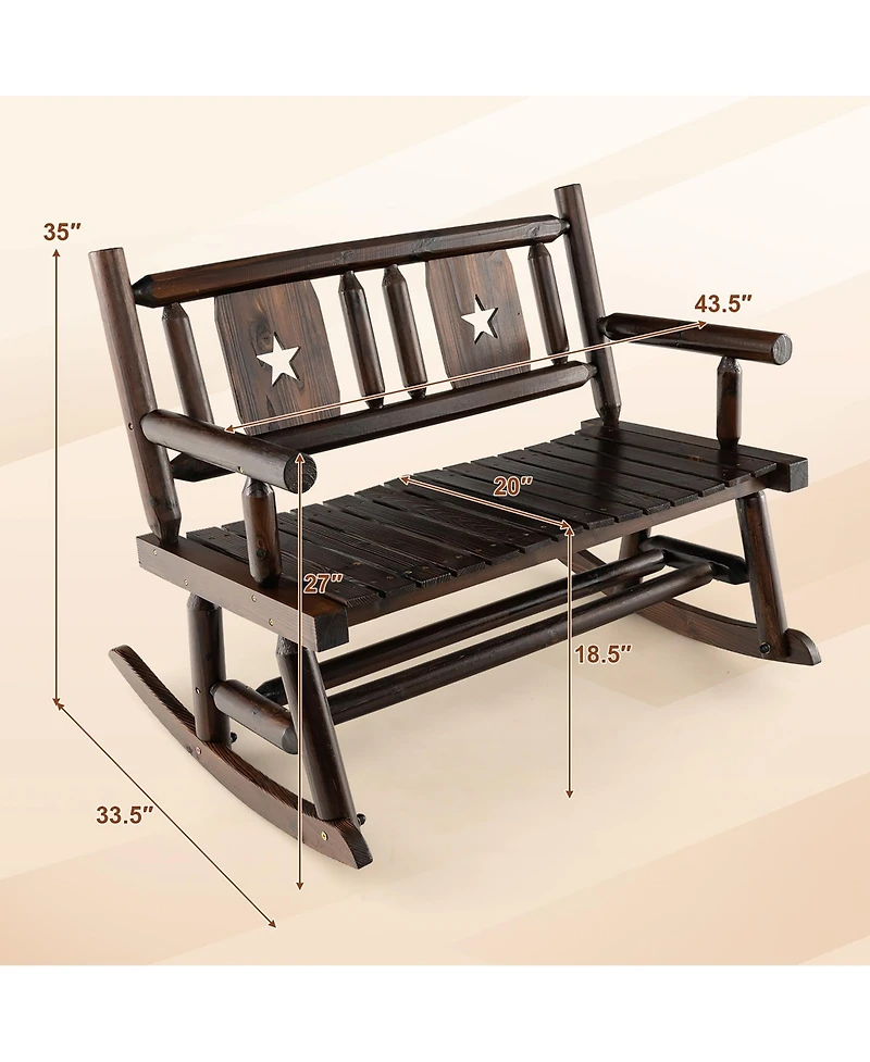Gymax Outdoor Carbonized Wood Rocking Bench Double Rocking Chair for 2 Persons with Wide Curved Seat