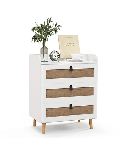 Gymax Modern Nightstand End Bedside Table with 3 Rattan Drawers and Solid Wood Legs