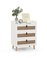 Gymax Modern Nightstand End Bedside Table with 3 Rattan Drawers and Solid Wood Legs