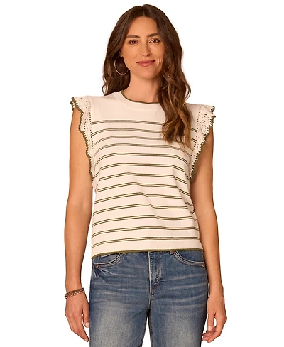 Democracy Women's Striped Crochet Flutter-Sleeve Sweater