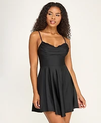 City Studios Juniors' Satin Lace-Trim Fit & Flare Dress