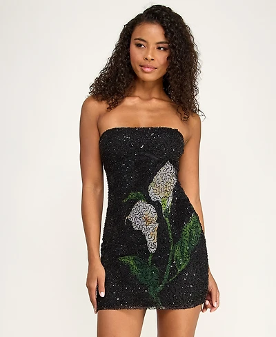 Seni & Cade Juniors' Printed Sequin Beaded Short Dress