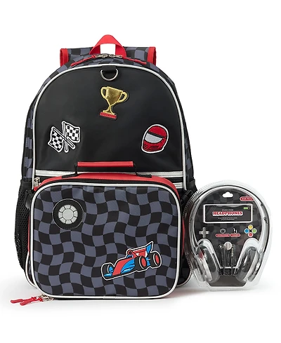 Extreme Nation Boys' Checkered Board Graphic Backpack, Lunch Bag and Headphone, 3-Piece Set