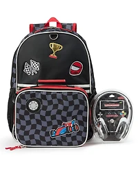 Extreme Nation Boys' Checkered Board Graphic Backpack, Lunch Bag and Headphone, 3-Piece Set