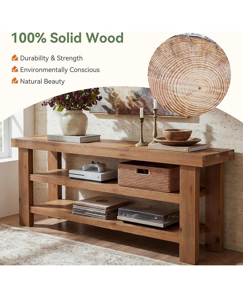 Tribesigns Solid Wood Tv Stand for 55/60/65/75 Inch TVs, 63" Farmhouse Media Console with 2-Tier Open Storage Shelves, Entertainment Center