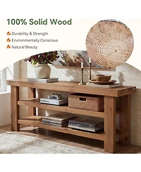 Tribesigns Solid Wood Tv Stand for 55/60/65/75 Inch TVs, 63" Farmhouse Media Console with 2-Tier Open Storage Shelves, Entertainment Center